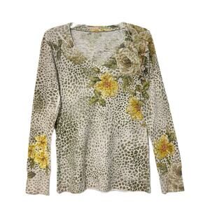 Before + Again Long Sleeve Waffle Top Shirt Size Medium Floral Base Layer